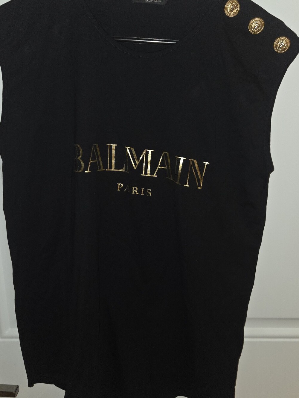 Balmain Paris Black Gold Logo Sleeveless Tee Lion Buttons